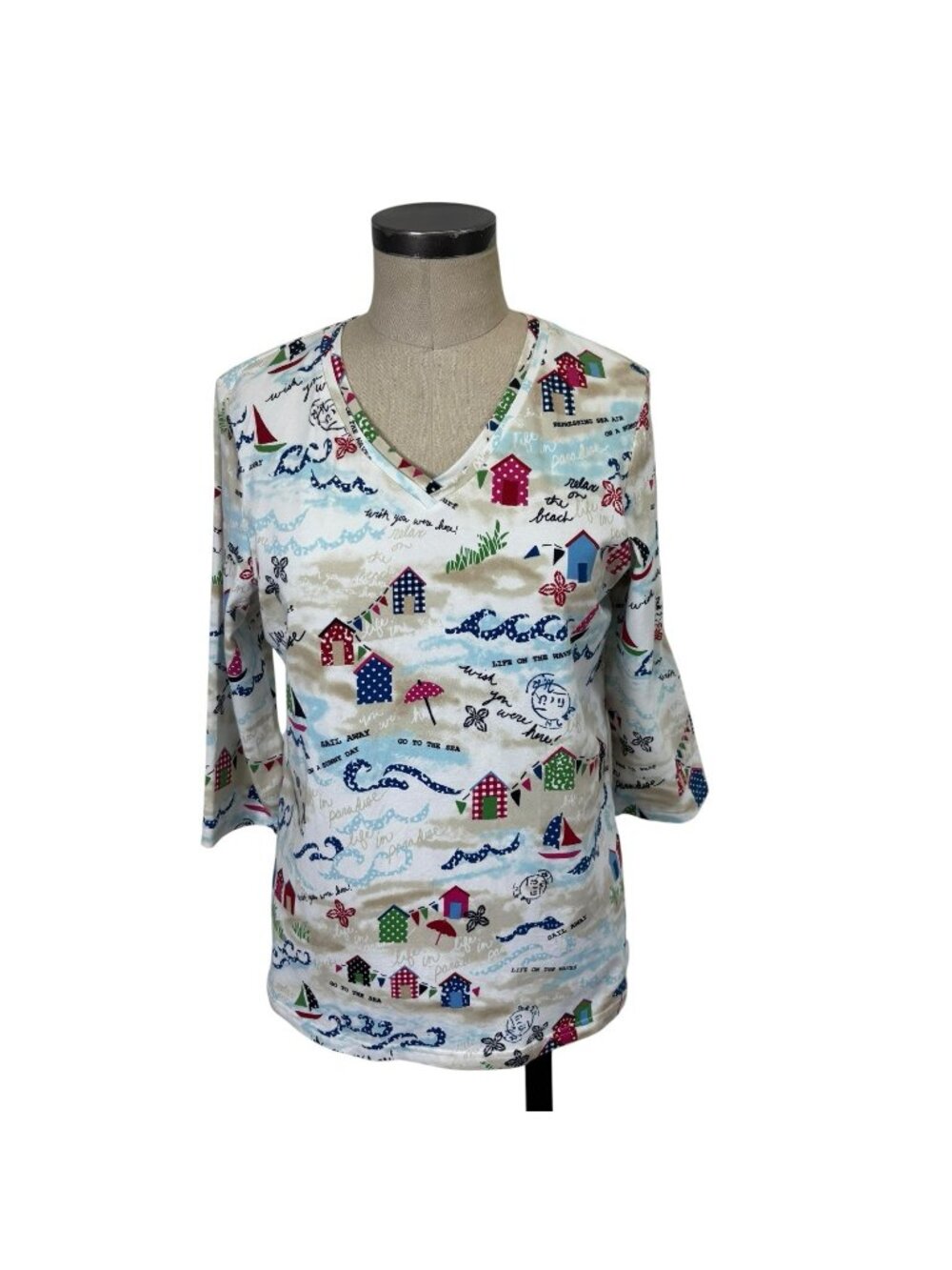 Christopher Banks V Neck Cotton Top Shirt Large Vacation Tropical Scene 3/4 Slv